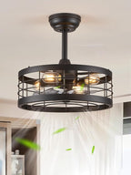 LEDIARY 16.5 inch Black Caged Ceiling Fan with Light, Fandelier Industrial Ceiling Fan with Remote, Farmhouse Fan Lights Ceiling Fixtures for Kitchen, Bedroom, Outdoor（6 Speed, Timing）-Black