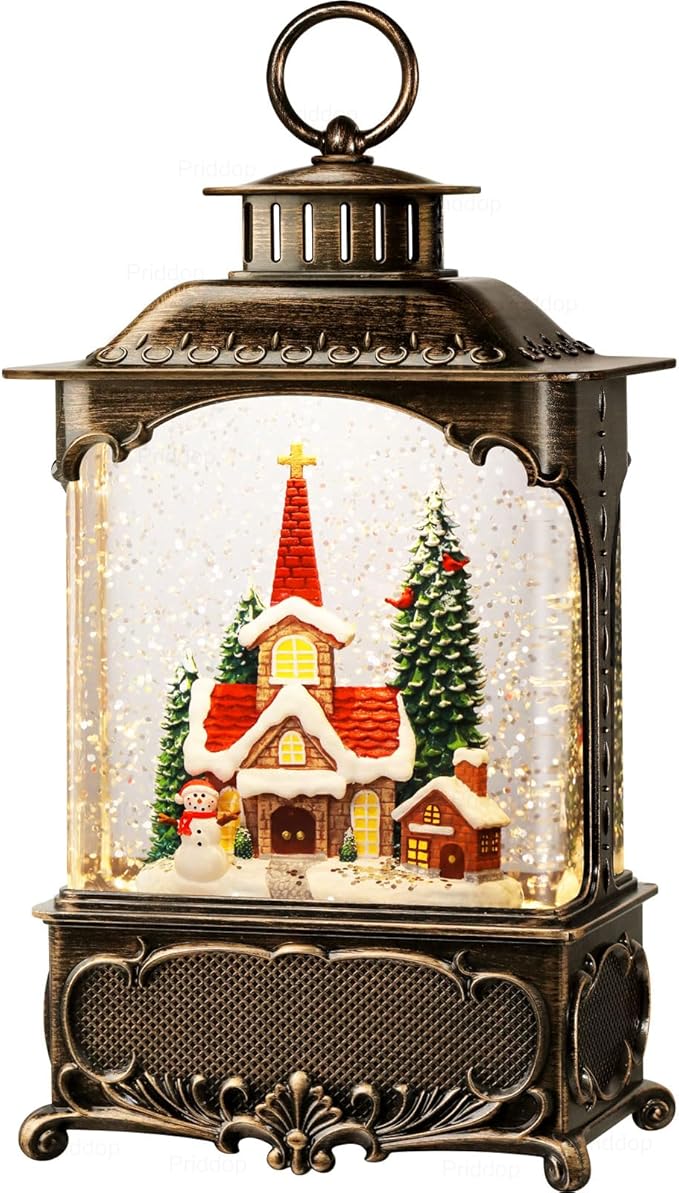 Church Snow Globe Christmas Decorations Gifts Snowman Cabin Cardinal Tree USB/Battery Timer Music Glitter Snowfall Lantern 10.2 inch