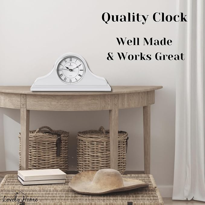 Mantel Clock, White Wooden Mantle Clock for Living Room Décor - Silent, Decorative, Solid Wood, Battery Operated Mantle Clock for Fireplace Mantel, Office, Desk, Shelf & Home Décor Gift, 15x7.5 Inch