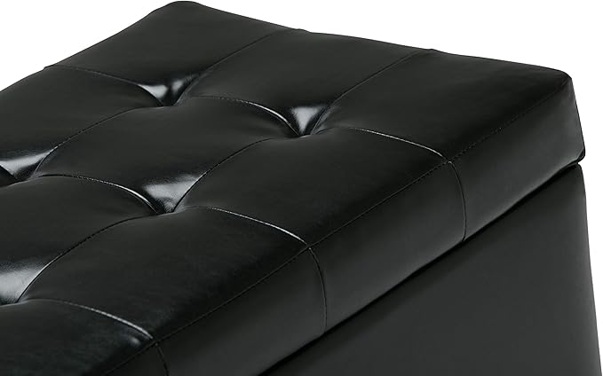 SIMPLIHOME Cosmopolitan Storage Ottoman - 34 inch Wide Upholstered Vegan Leather Rectangle Storage Ottoman Bench in Midnight Black, Transitional Tufted Ottoman for Living Room with Lift-Up Lid