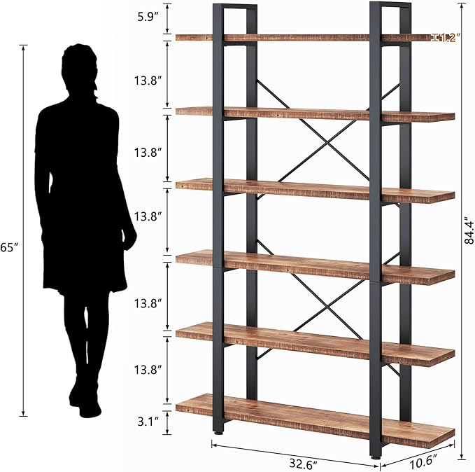 HSH 6 Tier Solid Wood Bookshelf, Industrial Wood and Metal Tall Large Etagere Bookcase and Storage Shelves, Rustic Open Natural Real Wooden Book Shelf for Bedroom Living Room, Distressed Brown