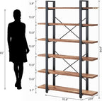 HSH 6 Tier Solid Wood Bookshelf, Industrial Wood and Metal Tall Large Etagere Bookcase and Storage Shelves, Rustic Open Natural Real Wooden Book Shelf for Bedroom Living Room, Distressed Brown