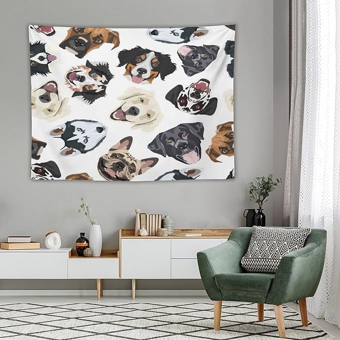 VUMIVI Dog-Head Tapestry Cartoon Pet Illustrations Cute Funny Animals Colorful Graffiti Tapestry Wall Hanging for Living Room Bedroom Dorm Classroom Aesthetic Decor W80xL60in
