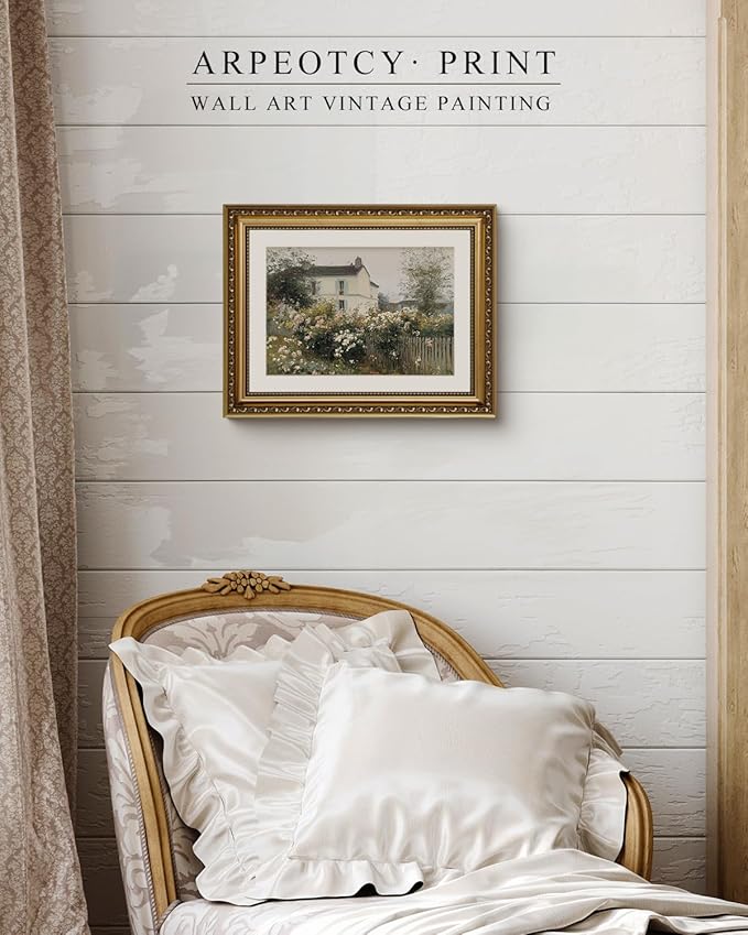 ARPEOTCY Vintage Cottage Garden Wall Art, Framed Floral House Painting Print, French Country Style Home Décor, 14x11 Inch Countryside Landscape Picture for Living Room, Bedroom, Hallway