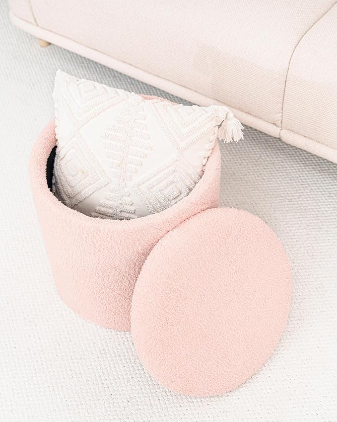 Round Boucle Storage Ottoman with Reversible Wood Tray, 17.7" Sherpa Cylinder Footrest Stool with Storage, Upholstered Folding Ottoman Coffee Table for Living Room Bedroom Dorm, Pink