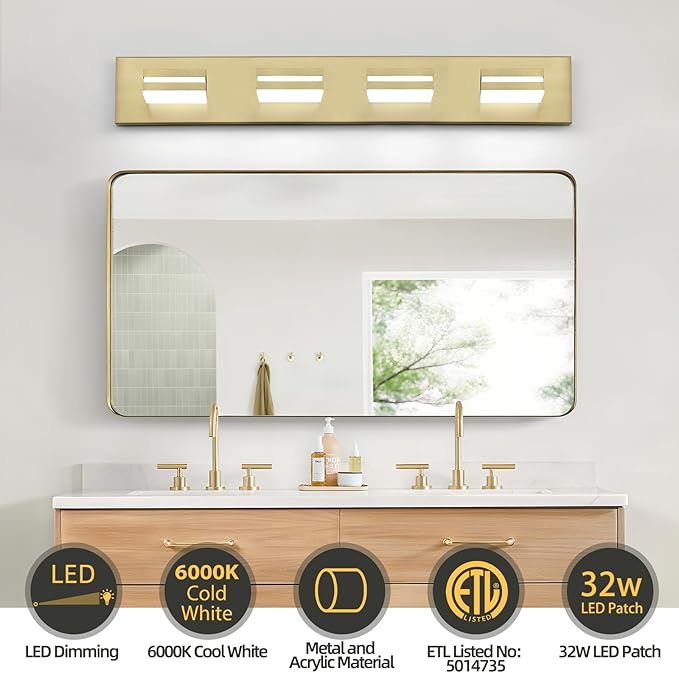OKELI 5 Lights Bathroom Vanity Light Fixtures Gold LED Dimmable Vanity Light Over Mirror Modern Wall Mounted Lighting Fixture, 350° Rotatable Lamp Head 24W Cold White 6000K ETL Listed