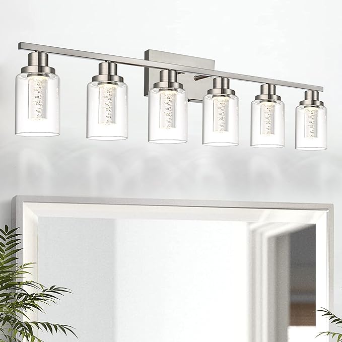 MELUCEE 6-Light LED Bathroom Vanity Light, Modern Brushed Nickel Bathroom Light Bar with Crystal Bubble Clear Glass Shade, Dimmable Bathroom Wall Sconce Lamp 3000K-6000K, Built-in LED Chips