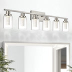MELUCEE 6-Light LED Bathroom Vanity Light, Modern Brushed Nickel Bathroom Light Bar with Crystal Bubble Clear Glass Shade, Dimmable Bathroom Wall Sconce Lamp 3000K-6000K, Built-in LED Chips