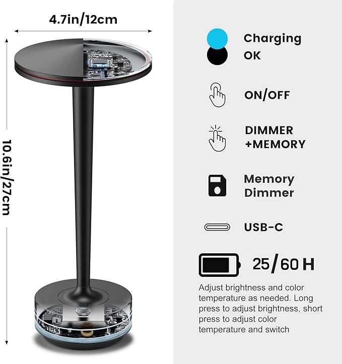 Cordless Table Lamp Rechargeable,6000mAh Battery Operated LED Desk Lamp 3 Color Stepless Touch Dimming,Waterproof Portable Memory Function Light for Bedroom,Outdoor,Patio,Dining,Restaurant Black 2P