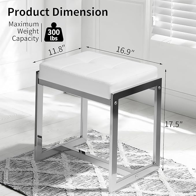 Vanity Stool, Vanity Chair Stools for Makeup Room, Faux Leather Small Makeup Bench, Modern Silver Metal Legs Ottoman Foot Rest for Bedroom Living Room, White & Silver