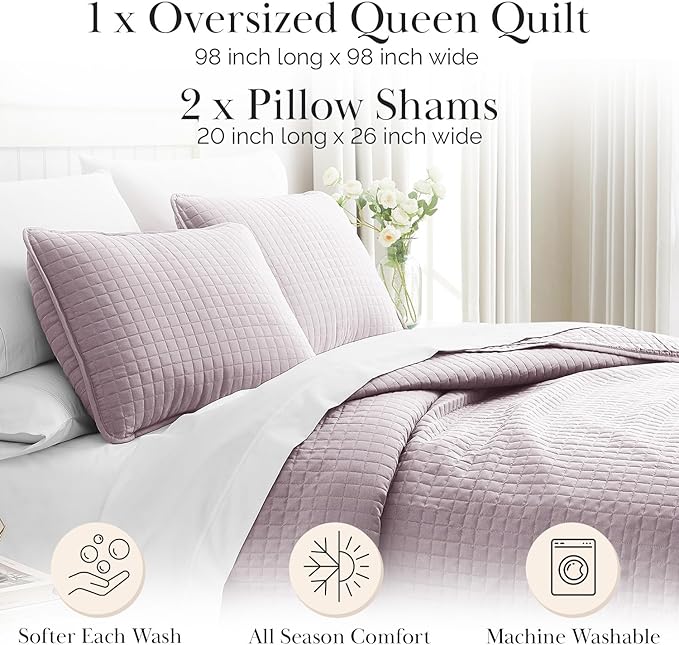 Southshore Fine Living, Inc. Full/Queen Quilt Set, Full Size Quilts with 2 Matching Pillow Shams, Lightweight Quilt Coverlet, Lightweight, Easy Care Machine Washable Queen Size Bedspread, Lavender