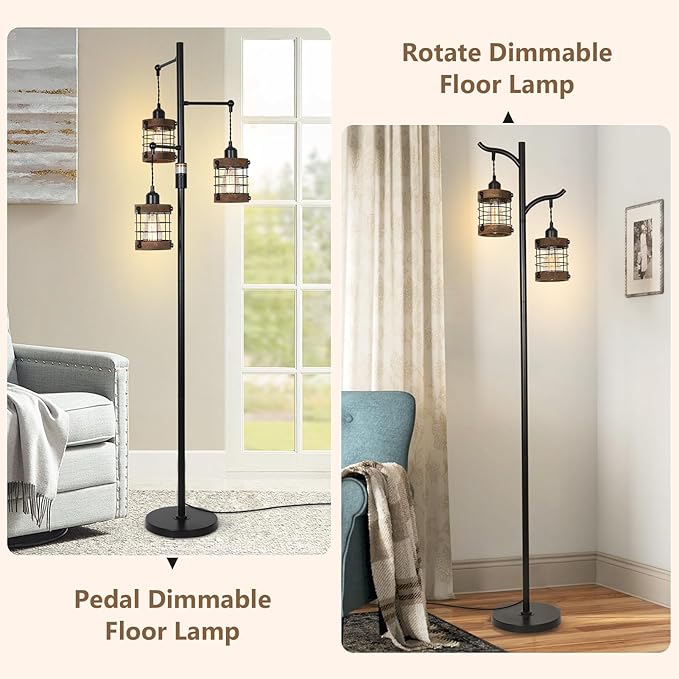 Airposta Dimmable Floor Lamps for Living Room, 3-Light Industrial Floor Lamp with Wood & Metal Cage, Farmhouse Standing Lamp Tall Tree Lamp for Bedroom Office, Rustic Black Tall Floor Lamp for Corner