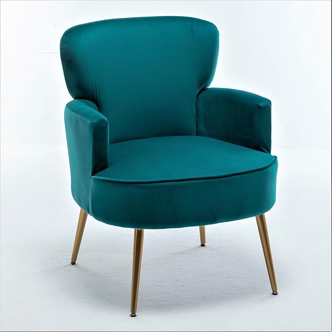 Trendy Velvet Accent Chair with Gold Metal Legs, Upholstered Armchair for Small to Mid-Size Spaces, Modern Living Room, Bedroom, Vanity Desk and Entryway, Greenish Blue