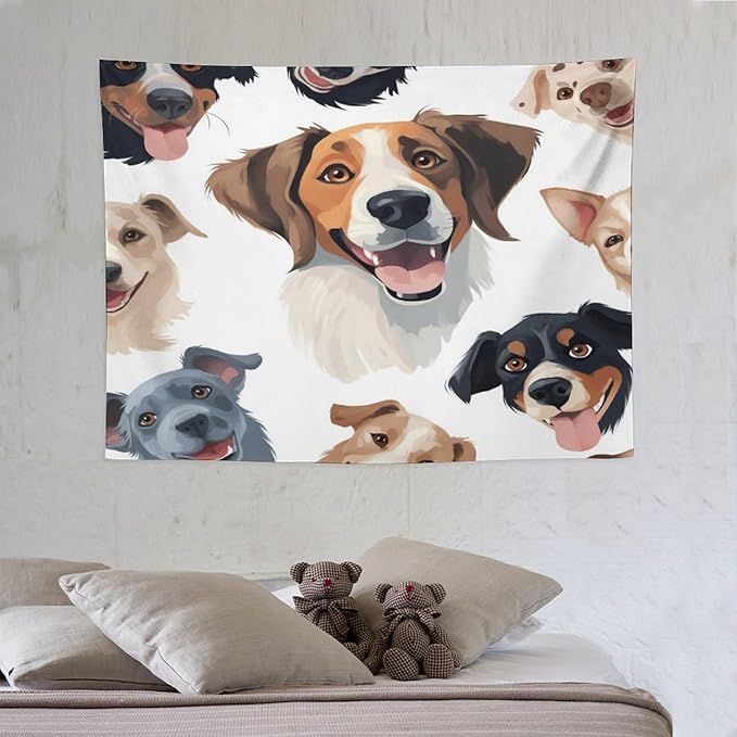 VUMIVI Cartoon Dog Tapestry Black & White Pet Dog Heads Cute Illustration Modern Creative Design Tapestry Wall Hanging for Living Room Bedroom Dorm Classroom Aesthetic Decor W40xL30in