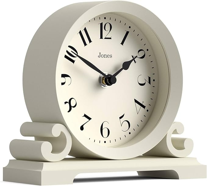 JONES CLOCKS® Saloon Mantel Clock | Traditional Double Scroll Design | Pale Cream | Contemporary Classic Style for Desk, Table, Shelf or Bedside