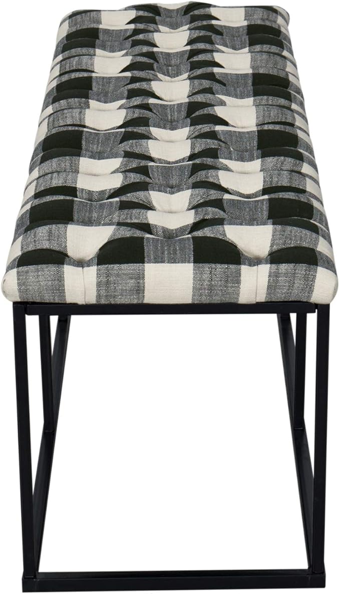 HomePop Upholstered Button Tufted Decorative Bench with Metal Base, Black and White Plaid
