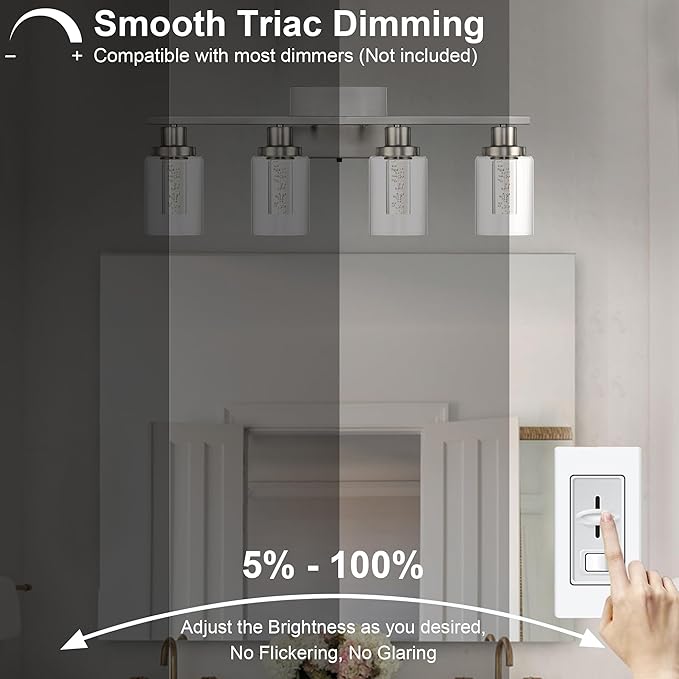 MELUCEE 4-Light LED Bathroom Lighting Fixtures Brushed Nickel, Dimmable LED Vanity Light for Bathroom 3000K-6000K Bathroom Wall Lights with Crystal Bubble Clear Glass Shade, Built-in LED Chips