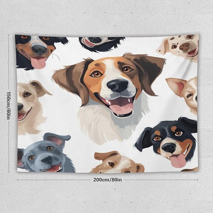 VUMIVI Cartoon Dog Tapestry Black & White Pet Dog Heads Cute Illustration Modern Creative Design Tapestry Wall Hanging for Living Room Bedroom Dorm Classroom Aesthetic Decor W80xL60in