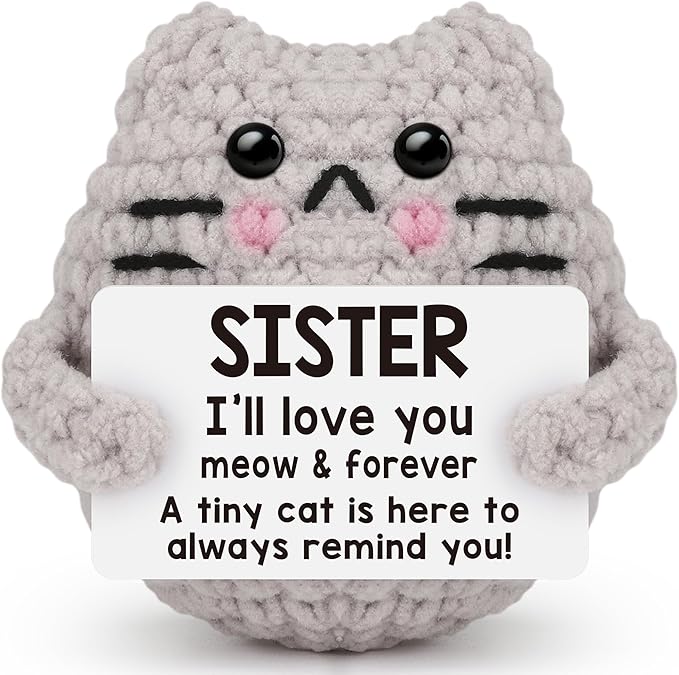 Positive Crochet Cat Emotional Inspirational Support Birthday Gifts for Sister,Handmade Knitted Cat for Women Coworker Friend Student Birthday Christmas Support Small Gifts