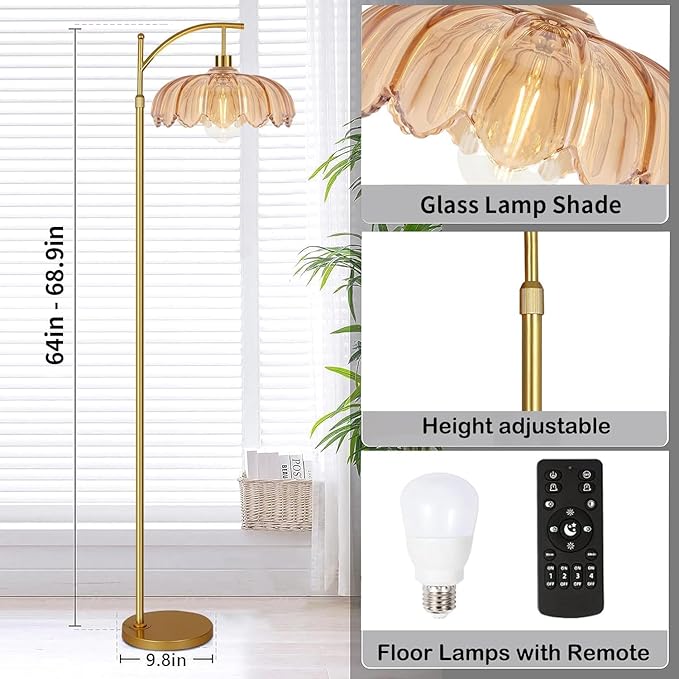 Arc Floor Lamp with 3 Color Temperatures,Gold Floor Lamp with Remote & 3 Color Temperature,Mid Century Modern Standing Lamp with Glass Lampshades,Vintage Tall Floor Lamps for Living Room Bedroom