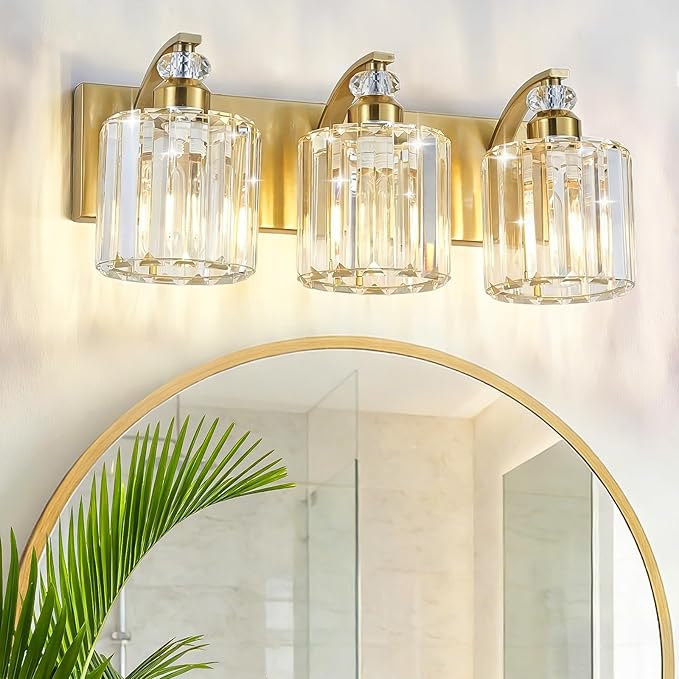 3-Lights Brushed Brass Bathroom Light Fixture Gold Vanity Lights Modern Crystal Bathroom Vanity Lighting Over Mirror Wall Sconce with K9 Crystal Shade E26 Base for Living Room, Bedroom Wall Lamp