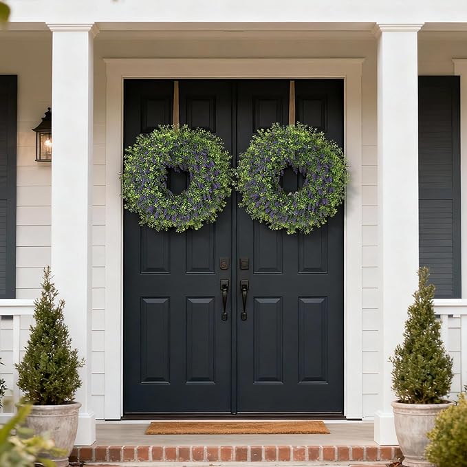 26" Artificial Lavender & Boxwood Wreath for Front Door - Large Faux Purple Greenery Outdoor Wreath for Home, Farmhouse, Window, Wall Decor | Spring Summer All Seasons