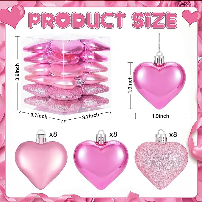 XmasExp Valentines Day Decor Heart Ornaments for Christmas Tree Decorations Set of 24 Pink Heart Shaped Bauble Perfect for Valentine's Day Wedding Anniversaries and Party Supplies（Pink）