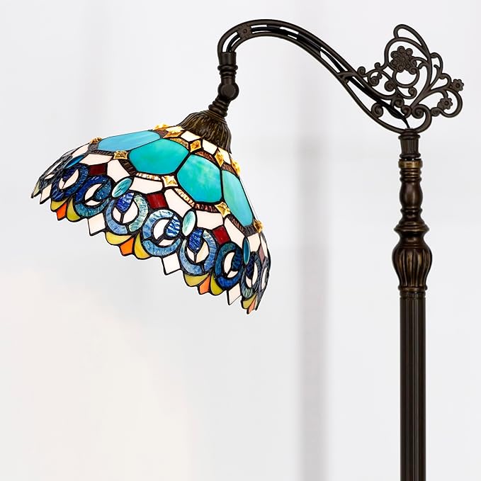 Tiffany Floor Lamp Stained Glass Lamp 18.88X12X67 Inch Angle Adjustable Arched Gooseneck Antique Reading Light (Blue Jewelry Baroque)