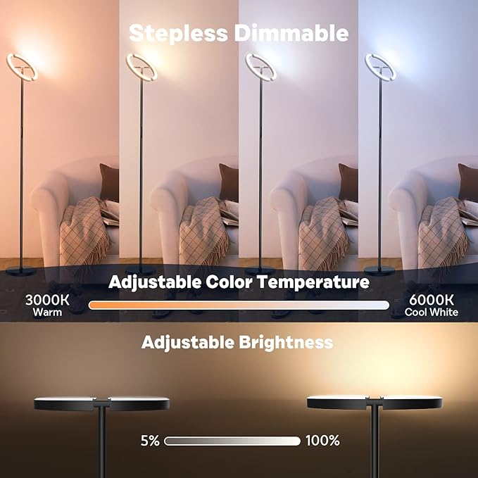 RGBCW Floor Lamp, Color Changing Standing Lamp, Modern Stepless Dimmable LED Floor Light Tall Lamp with Remote Control, 20W 3000-6000K Rotatable Floor Lamps for Living Room, Bedroom, Office