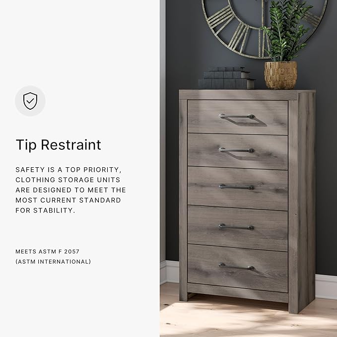 Signature Design by Ashley Urbanoore Rustic 5-Drawer Chest of Drawers with Safety Stop, Gray