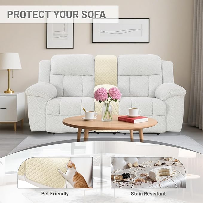 Reclining Sectional Couch Covers Velvet L Shape Recliner Sofa Middle Console Cover for Dogs Pets Washable Anti Slip 1 Additional Recliner Center Console Slipcovers (1 Console, Ivory White)