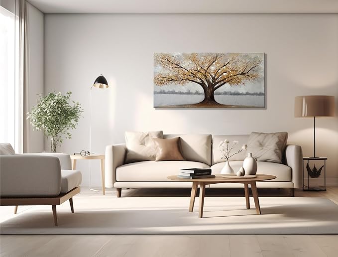 Alenoss 3D Modern Oil Painting on Canvas 24x48, Large Abstract Textured Tree Paintings Canvas Wall Art Home Decorations Framed Wall Art Pictures for Bedroom Living Room Wall Decor