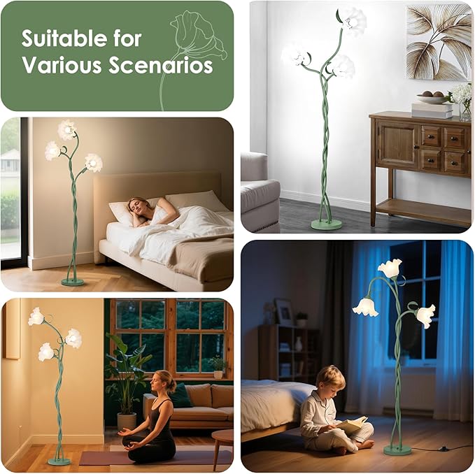 Floor Lamp for Living Room, 3 Lights Green Flower Lamp, Modern Tall Standing Lamp with 3 Color Temperatures Flexible Gooseneck, Mid Century Vintage Tree Floor Lamp for Bedroom Office