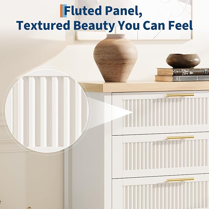 IDEALHOUSE Fluted 4 Drawers Dresser for Bedroom, 35.4" Tall Chest of Dressers for Closet, 4 Fluted Drawers with Metal Handle, Clothes Storage Cabinet for Bedroom, Nursery, Living Room, White