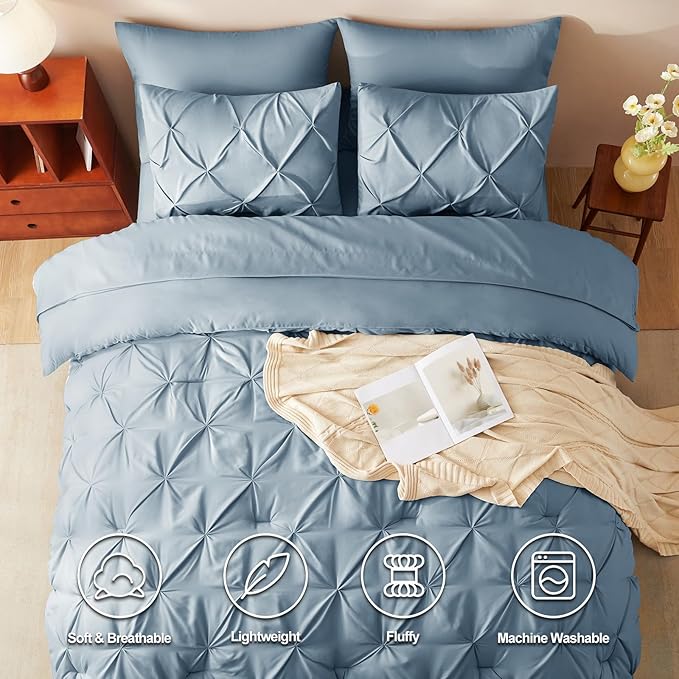 CozyLux Full Size Comforter Sets Mineral Blue, 7 Pieces Pintuck Bed in A Bag Blue Comforter Full Size, Pinch Pleat Bedding Sets with All Season Comforter, Flat Sheet, Fitted Sheet, Pillowcases & Shams