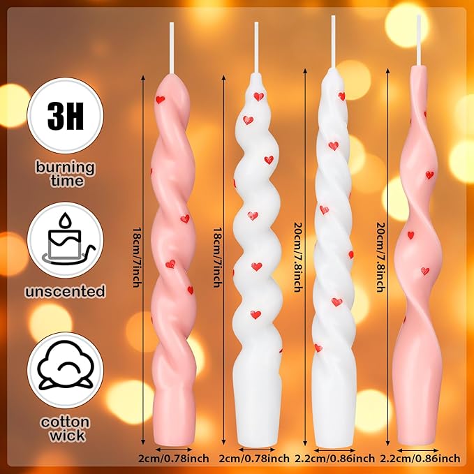 Nuanchu 4 Pcs 7.87 Inch Twisted Taper Candles Wax Unscented Smokeless Spiral Swirl Candlesticks for Wedding Holiday Dinner Party Home Decorations (Pink White,Heart)