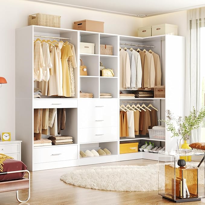 Homieasy Closet System Organizer with Drawers, Pants Rack, Cube Storage and Hanging Area – Wardrobe Organizer with Hanging Rods, Shoe Storage & Anti-Tip Kit – Expandable and Easy to Install, White