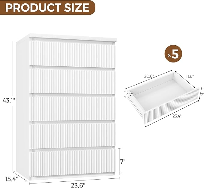 Modern 5 Drawer Dresser, 43" Tall Dressers for Bedroom, Fluted Dresser with Hidden Handle Design, Wood Mid Century Vertical Dresser Natural Texture for Bedroom, White Dresser