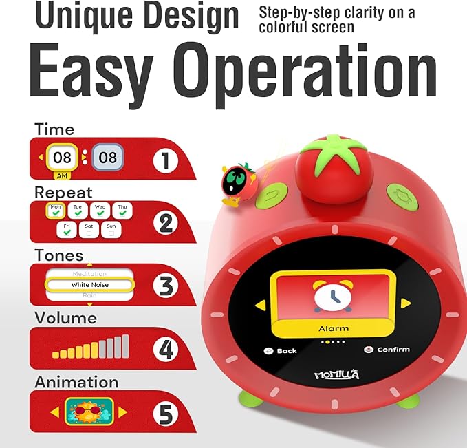 MOMILLA Kids Alarm Clock for Bedrooms, Colorful Display 7-Day Programmable 4 Alarms, Visual Timer with White Noise, Digital Clock Loud for Heavy Sleepers, Christmas Birthday Gifts for Girls Boys