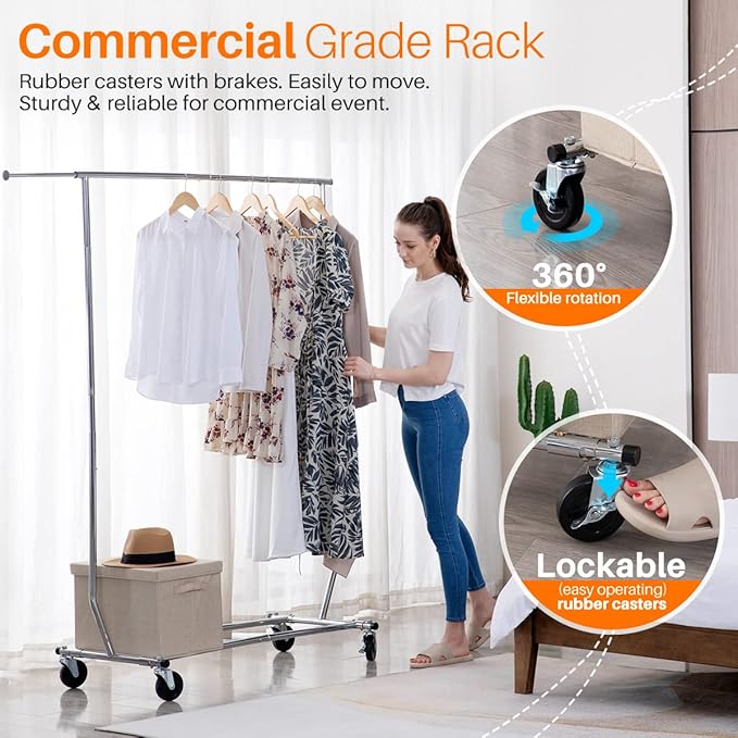HOKEEPER Clothes Rack with Lockable Wheels Height Adjustable Clothing Rack Clothing Rack 300LBS Commercial Grade Portable Closet for Bedroom, Living Room, Laundry, Balcony, Silver