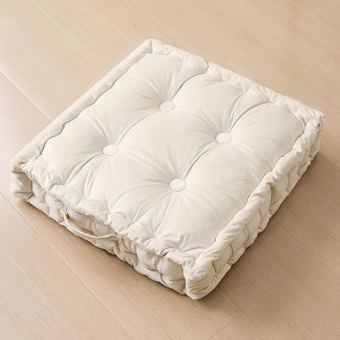 Square Floor Pillows, Large Floor Cushion for Adults Kids, Meditation Floor Pillow Seating Cushion with Shredded Memory Foam and Silk Wadding, 20"x20"x5" Ivory
