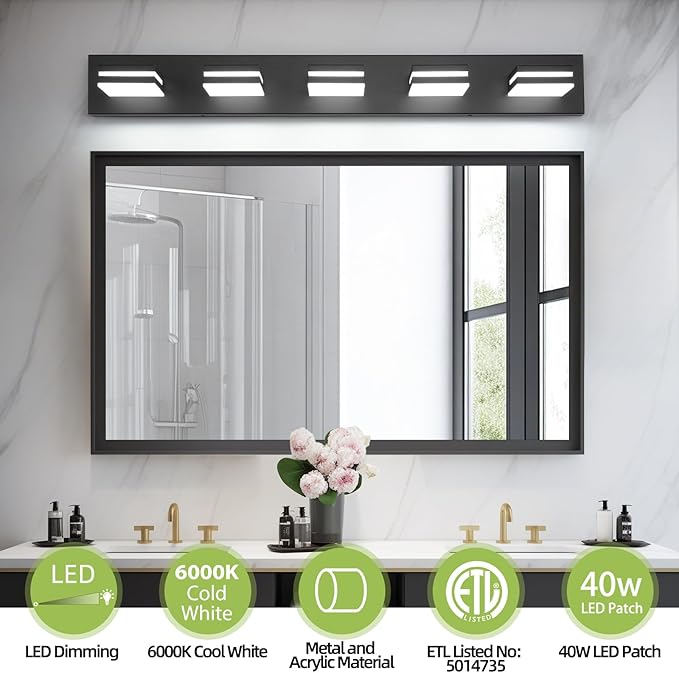 OKELI 5-Light Bathroom Vanity Light Black Modern LED Vanity Light Over Mirror Dimmable Mirror Front Lamp with 350° Adjustable Lamp Head ETL Listed 36W 6000K Cold White