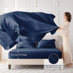 MUXHOMO 7 Pieces King Comforter Set, Seersucker Bed in a Bag King Size, All Season Luxury Bedding Set with Comforter, Flat Sheet, Fitted Sheet, Pillowcases & Shams, Navy Blue