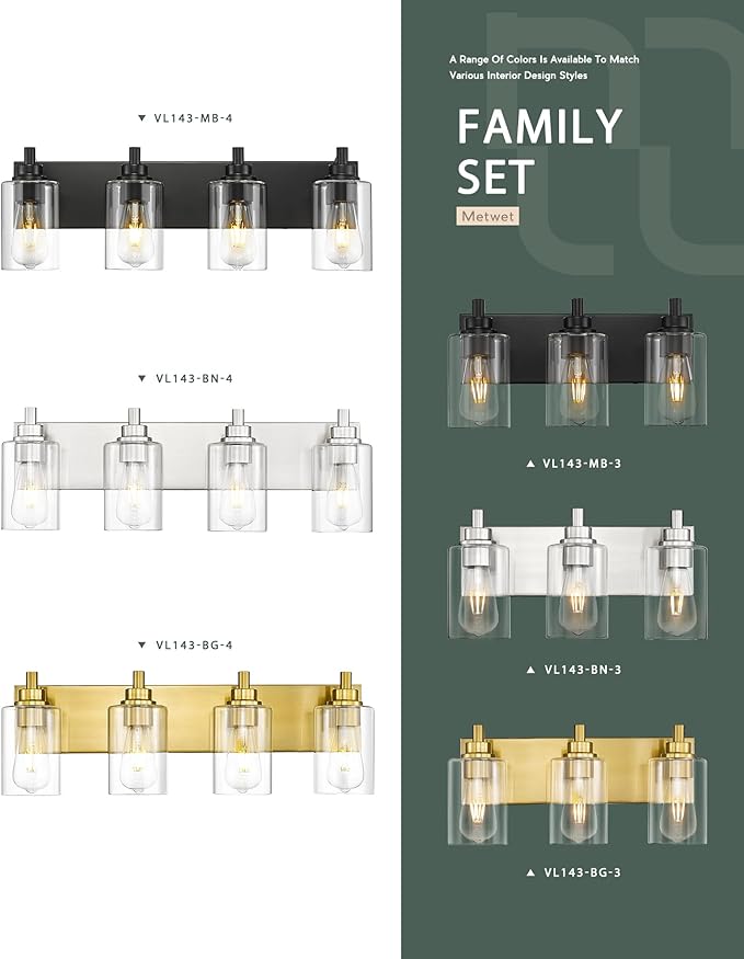 3-Light Bathroom Light Fixtures, Brushed Nickel Vanity Light with Cylinder Clear Glass Shade, Modern Vanity Lighting Fixtures Over Mirror, VL143-BN-3