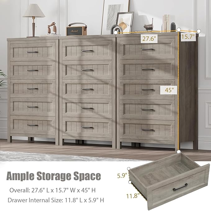 5 Drawer Dresser for Bedroom - Farmhouse 44.9" Tall Chest of Dresser with Large Storage, Rubst Wood Construction for Living Room, Hallway & Entryway - Gray