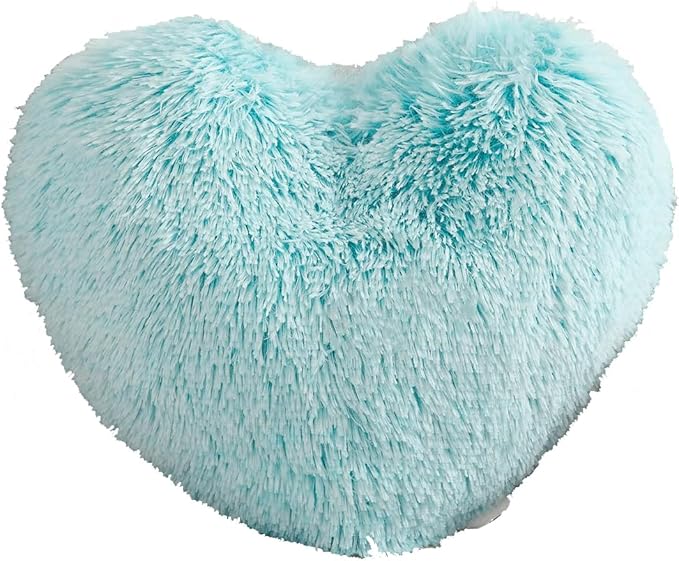 MorroMorn Fluffy Heart Throw Pillows, Shaggy Decorative Pillow for Sofa Couch Bed, Cute Room Decor Decorations for Women Girls Kids (Aqua)