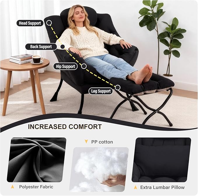 Lazy Chair with Ottoman, Modern Accent Chair with Lumbar Pillow, Black Sofa, Lounge Chairs with Folding Footrest, Oversized Supportive Chairs for Bedroom, Reading