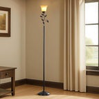 72” Flower Farmhouse Floor Lamp for Living Room, Unique Rustic Leaf Tall Standing Lamp with Amber Glass Shade and Traditional Foot Switch for Bedroom, Corner, Office, Bulb Included (Bronze)
