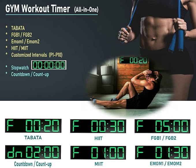 26'' Huge Digital Wall Clock, Home Gym Interval Workout Timers, with Countdown, Stopwatch, 7-Color Light, 8-Alarms, Calendar/Temperature Display, for HIIT/Tabata/FGB/EMOM (Green)