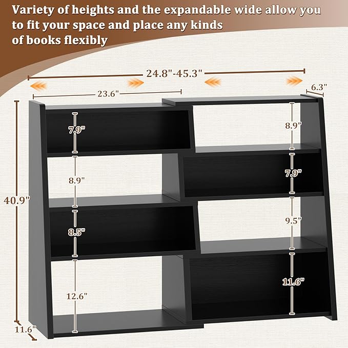 Armocity Book Shelf - Small Expandable Ladder Shelf, Short Corner Bookshelf for Small Spaces, 5 Tier Wood Narrow Bookcase, for Living Room, Bedroom, Entryway, Black